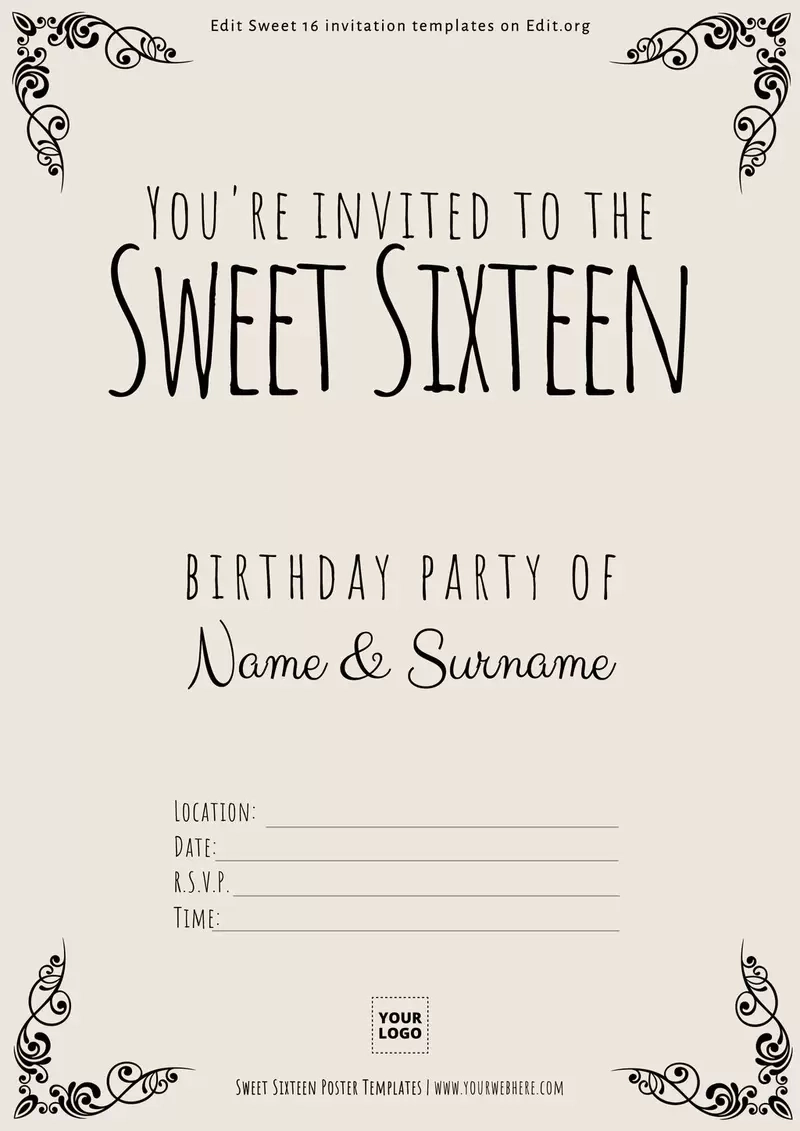 Printable Sweet Sixteen Invitations Online for Free Printable 16Th Birthday Party Invitation Templates