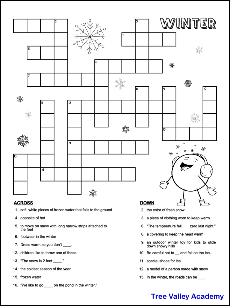 Printable Winter Crossword Puzzles For Kids - Tree Valley Academy inside Free Online Printable Easy Crossword Puzzles