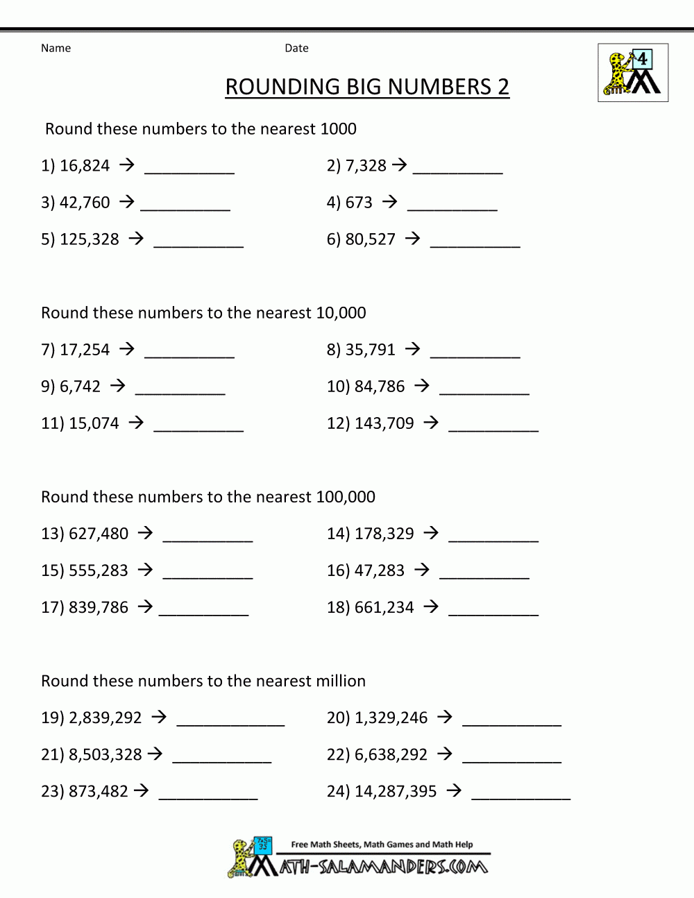 Rounding Off Numbers Up To Millions Worksheets | 4Th Grade Math with regard to Free Printable 4th Grade Rounding Worksheets