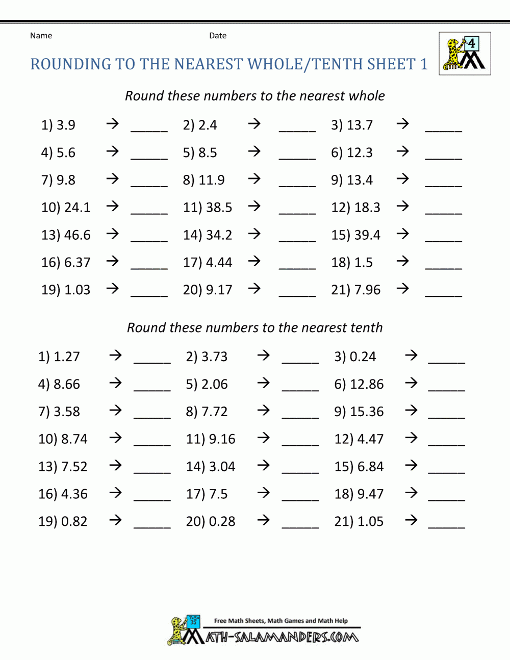 Rounding To The Nearest Tenth throughout Free Printable 4Th Grade Rounding Worksheets