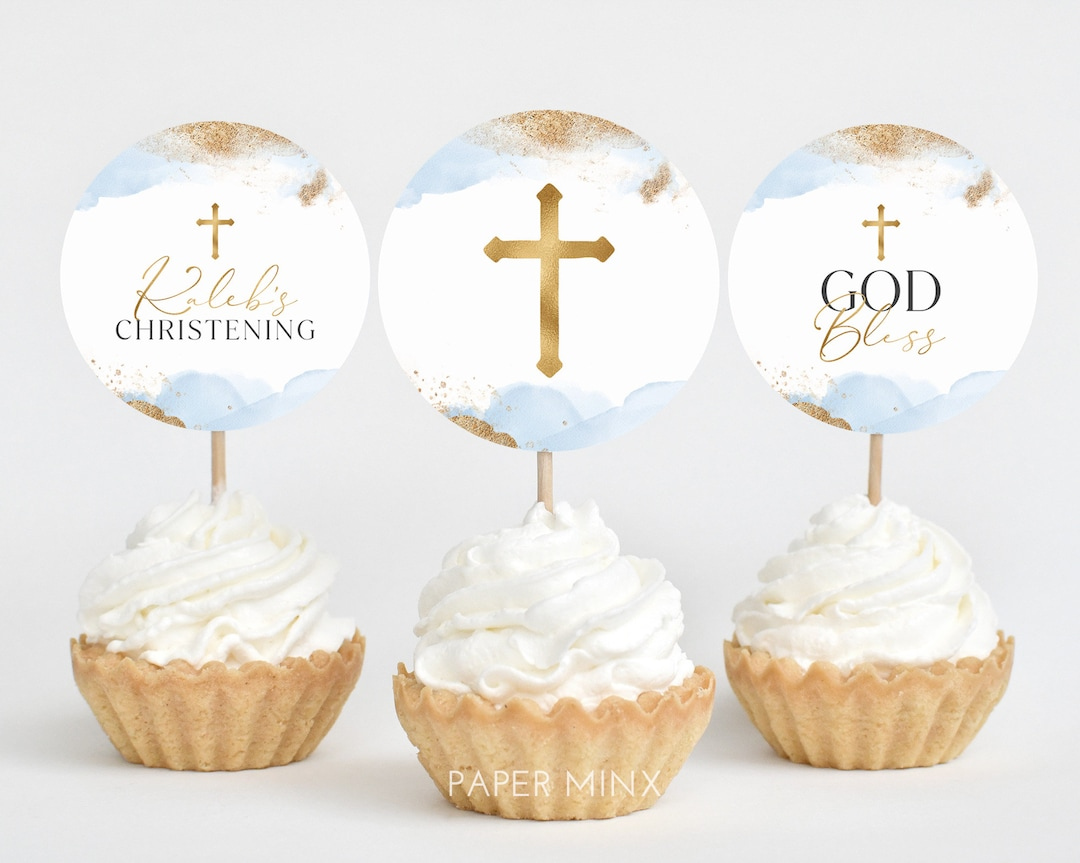 Tauf-Cupcake-Topper, Tauf-Cupcake-Topper, Druckbarer Blauer Und Goldener Cupcake-Topper, Bearbeitbarer Cupcake, Taufdekoration, Jungentaufe - Etsy.de with regard to Baptism Cupcake Toppers Printable Free