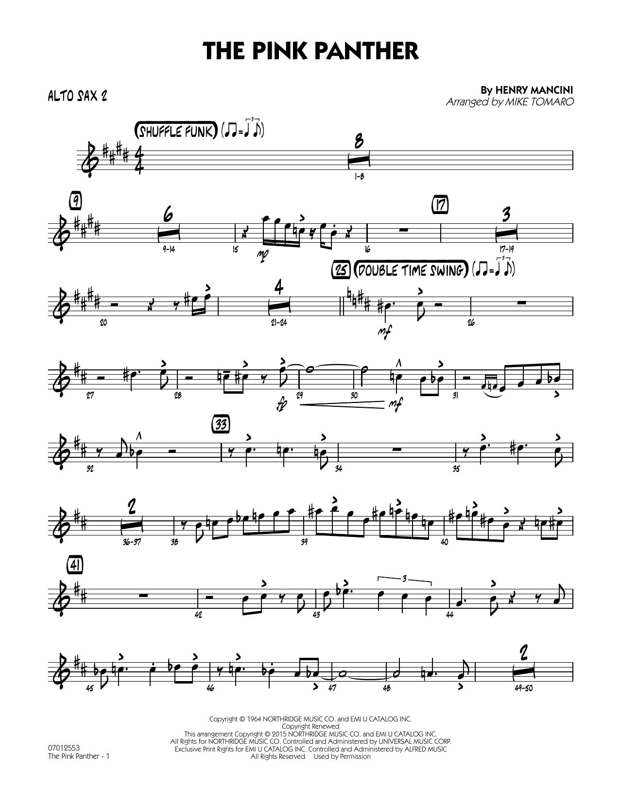 The Pink Panther (Arr. Mike Tomaro) - Alto Sax 2 Sheet Music with Free Printable Alto Saxophone Sheet Music Pink Panther