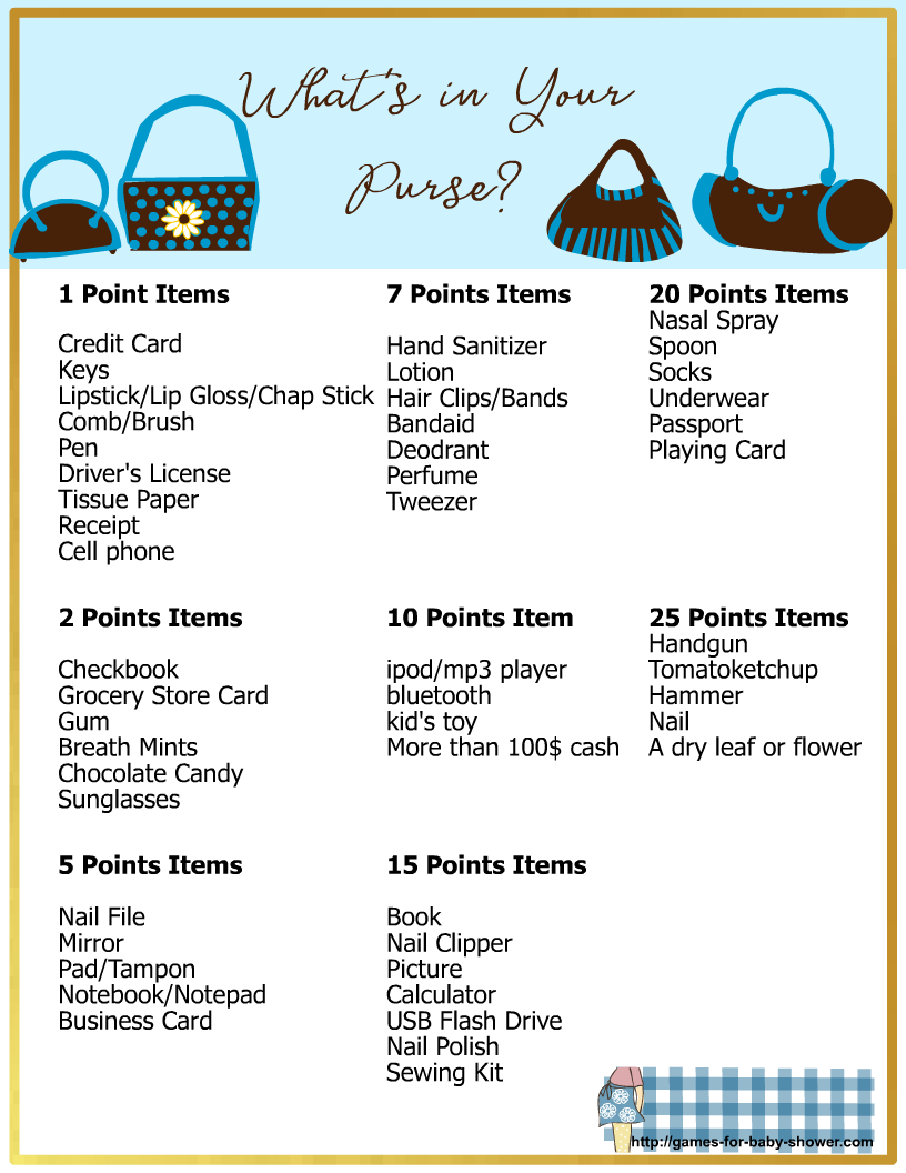 What&amp;#039;S In Your Purse, Free Printable Baby Shower Game intended for Free Printable Baby Shower Games What&amp;amp;#039;s in Your Purse