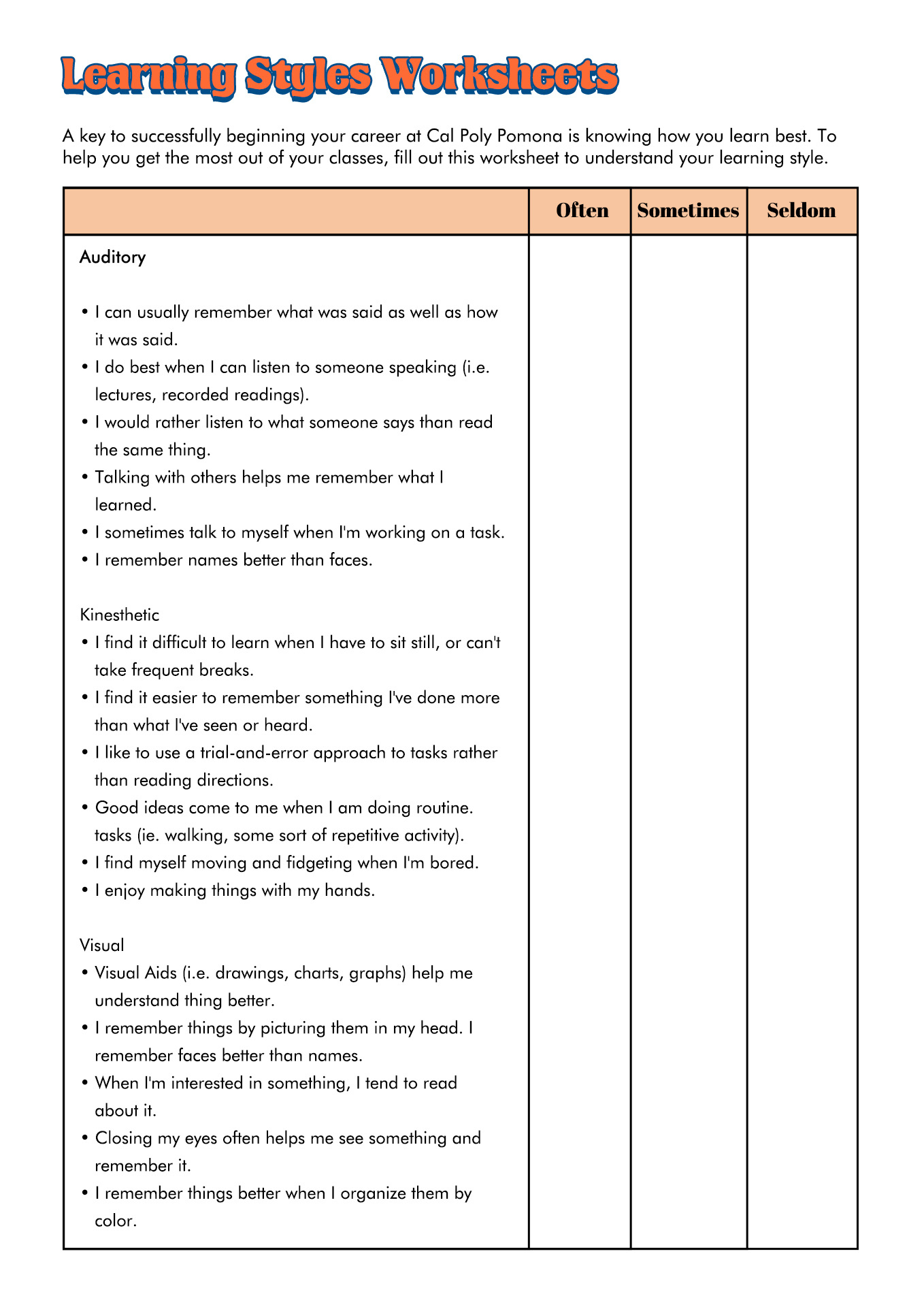 16 Vark Styles Worksheet - Free Pdf At Worksheeto inside Free Printable Learning Styles Questionnaire