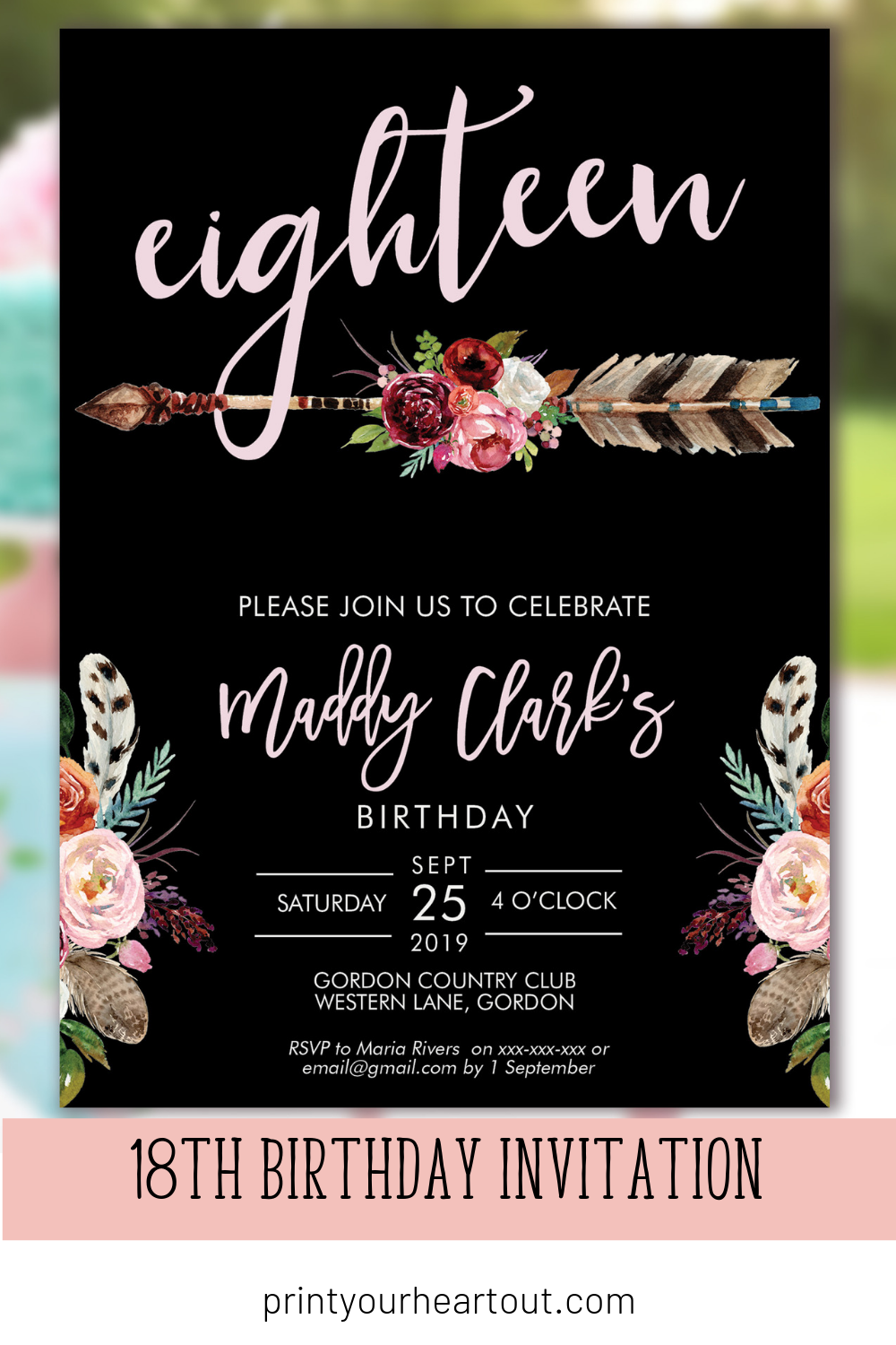 18Th Birthday Boho Arrow Invitation Printable Template, Pink with Free Printable 18th Birthday Invitations