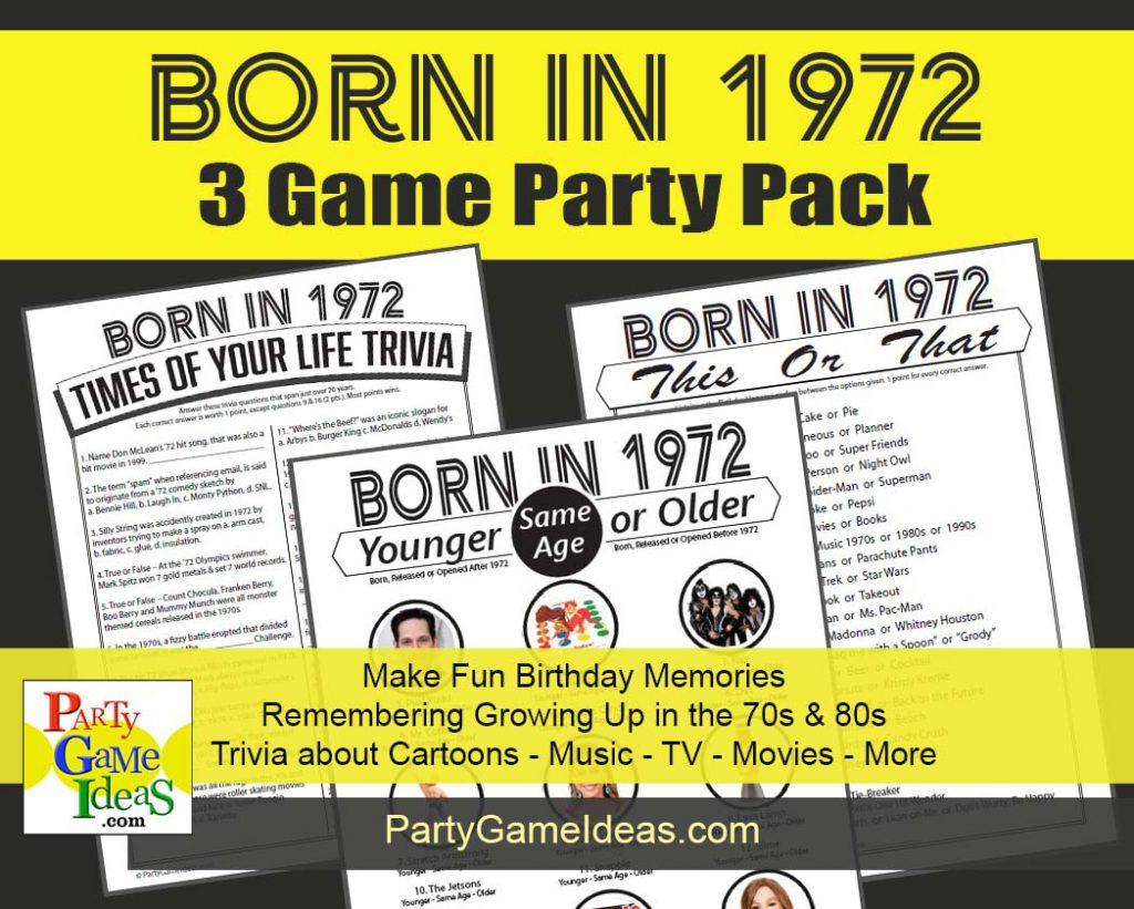 1972 Birthday Party Games, 3 Printable Trivia Games regarding Over the Hill Games Free Printable