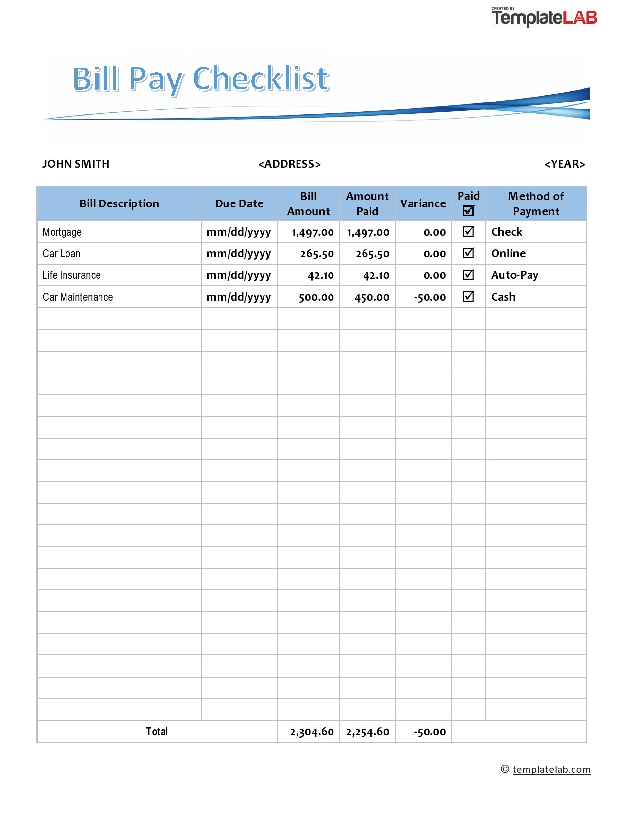 20 Free Bill Pay Checklists &amp;amp; Bill Calendars (Pdf, Word &amp;amp; Excel) in Free Printable Bill Payment Checklist