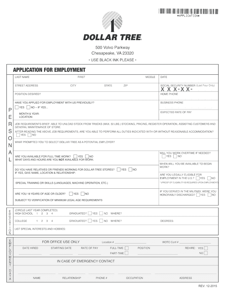 2015-2024 Form Dollar Tree Application For Employment Fill Online in Free Printable Dollar Tree Application Form