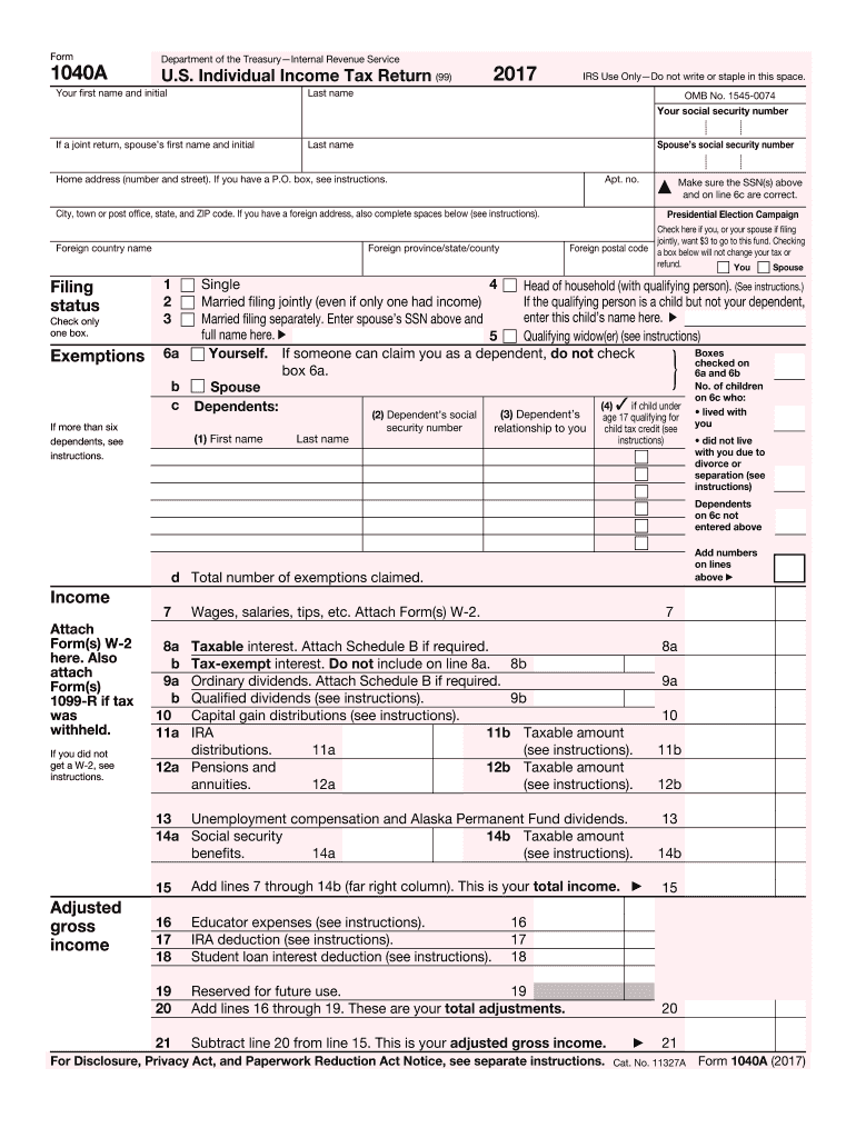 2017-2024 Form Irs 1040-A Fill Online, Printable, Fillable, Blank within Free Printable IRS 1040 Forms