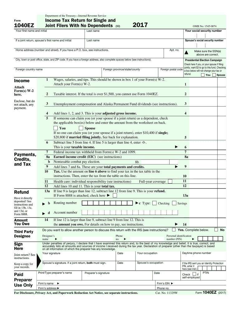 2017-2024 Form Irs 1040-Ez Fill Online, Printable, Fillable, Blank in Free Printable Irs 1040 Forms