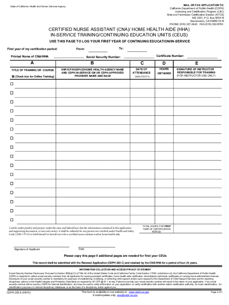 2019-2024 Form Ca Cdph 283 A Fill Online, Printable, Fillable throughout Free Printable Cna Inservices