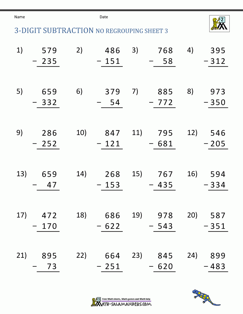 3 Digit Subtraction Worksheets throughout Free Printable 3 Digit Subtraction With Regrouping Worksheets