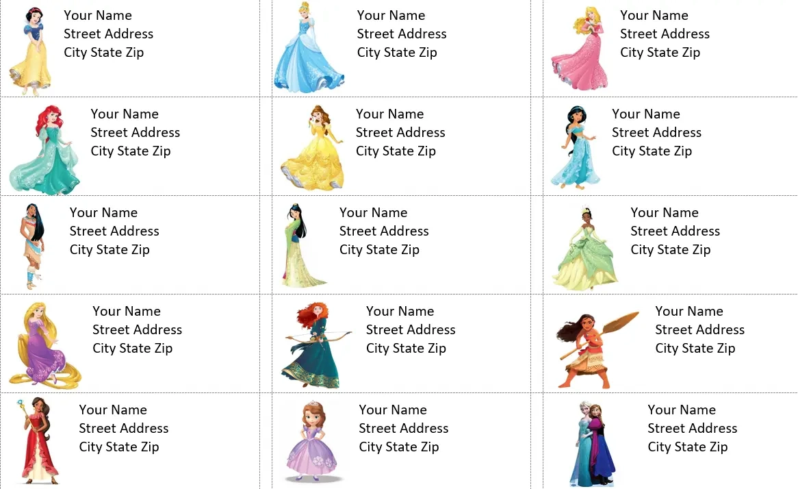 30 Disney Princess Address Labels/Shipping Labels/Name Labels/Stickers intended for Free Printable Disney Address Labels