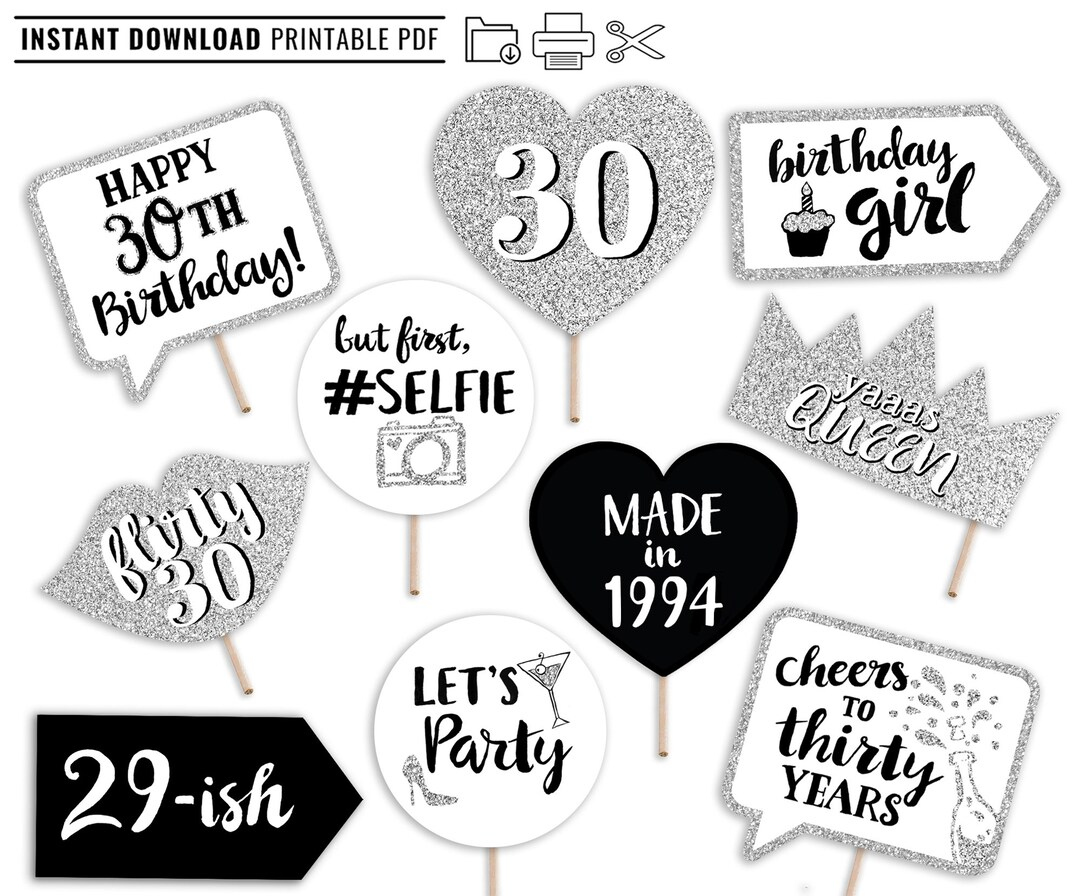 30Th Birthday Printable Photo Booth Props Silver Black And White throughout Free Printable 30Th Birthday Photo Booth Props