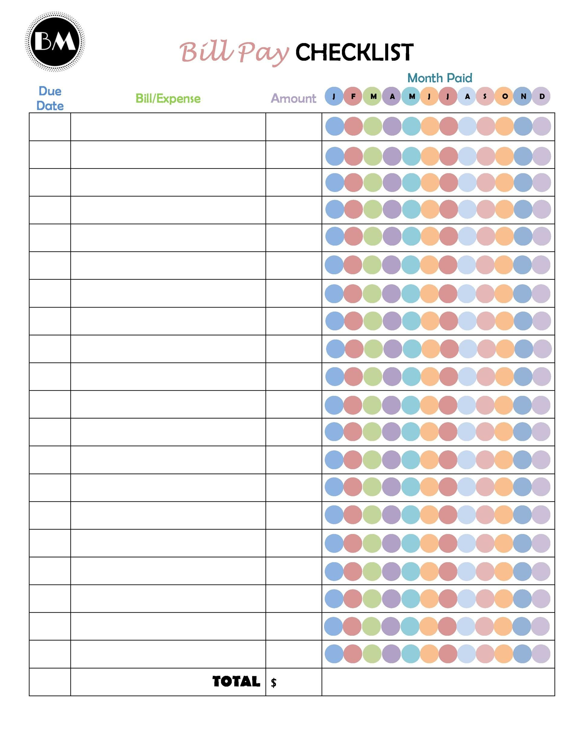 33 Free Bill Pay Checklists &amp;amp; Bill Calendars for Free Printable Monthly Bill Checklist