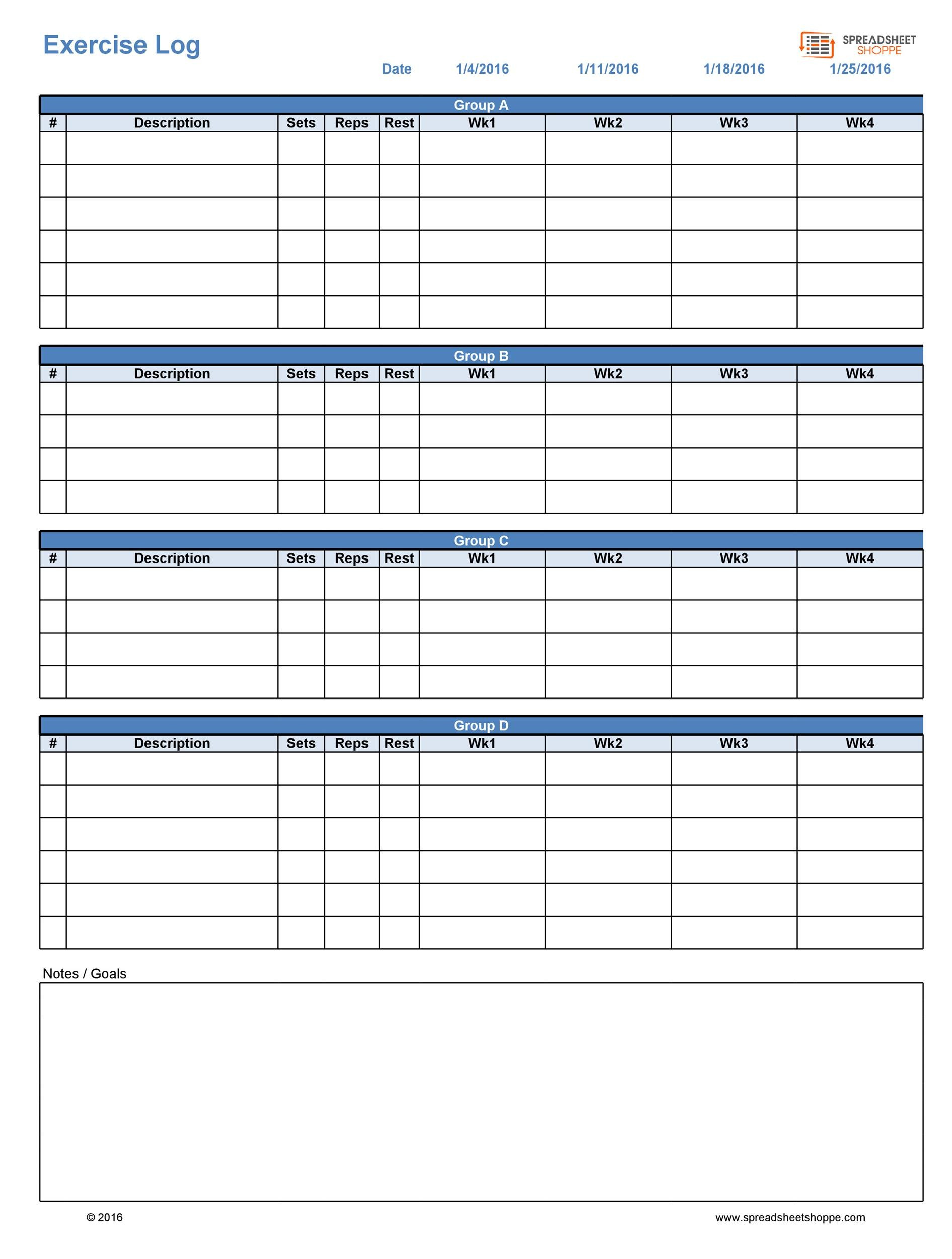 40+ Effective Workout Log &amp;amp; Calendar Templates ᐅ Templatelab within Free Printable Workout Log Sheets