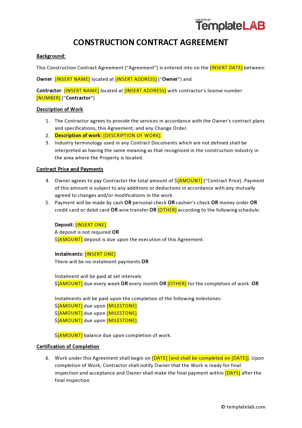 41 Simple Construction Contract Templates [100% Free] inside Free Printable Construction Contracts