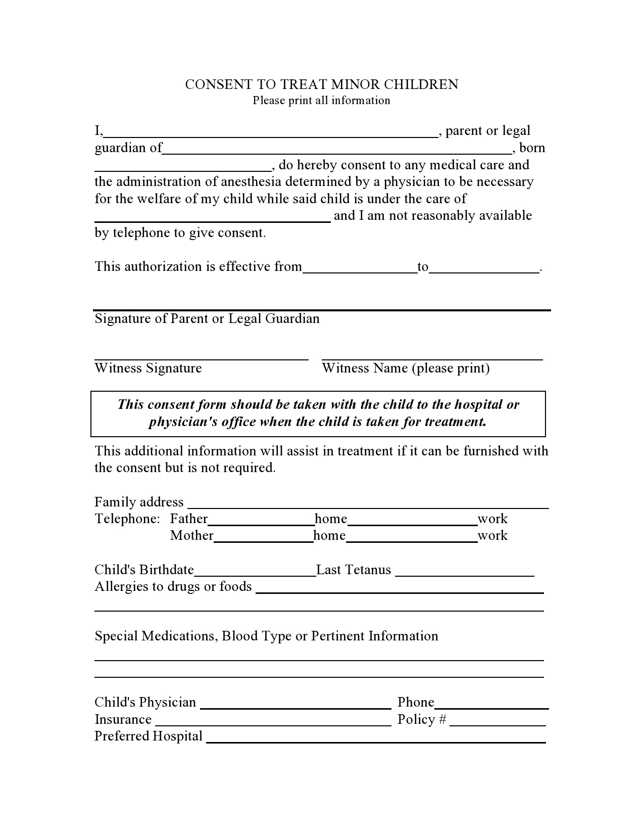 43 Printable Medical Consent Forms For Minor (Free) for Free Printable Child Medical Consent Form