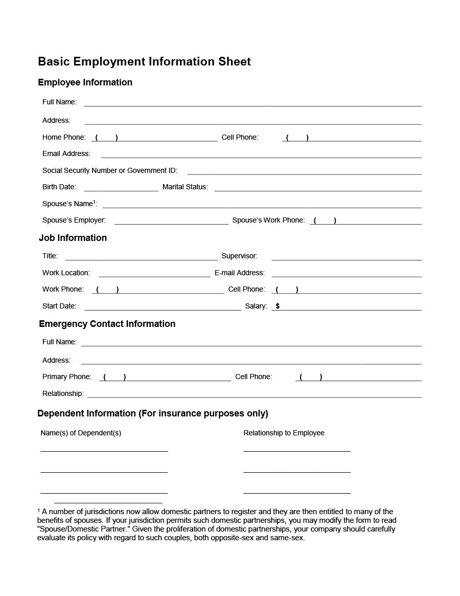 47 Printable Employee Information Forms within Free Printable General Application For Employment