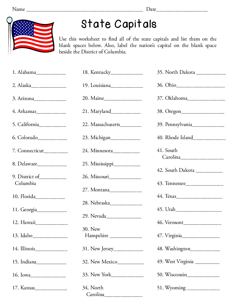 50+States+And+Capitals+Worksheet for Free Printable States And Capitals Worksheets