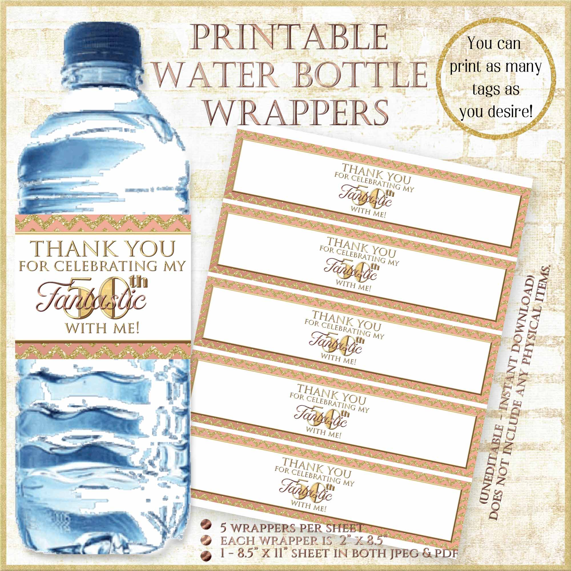 50Th Birthday Party Ideas:rose Gold Printable Water Bottle Labels regarding Free Printable Water Bottle Labels for Birthday