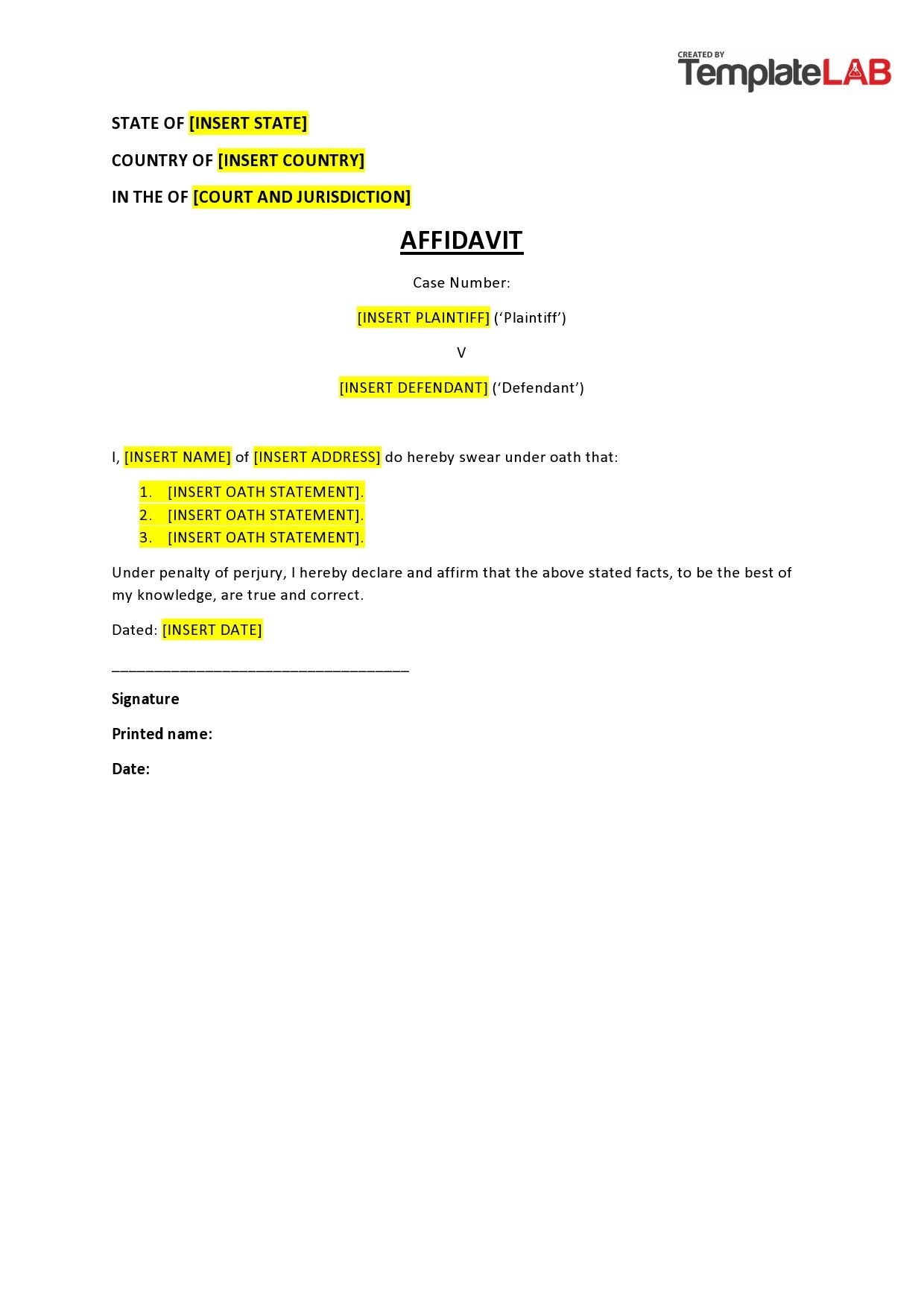 60 Free Affidavit Templates &amp;amp; Forms [Word, Pdf] - Templatelab with Free Printable Blank Affidavit Form