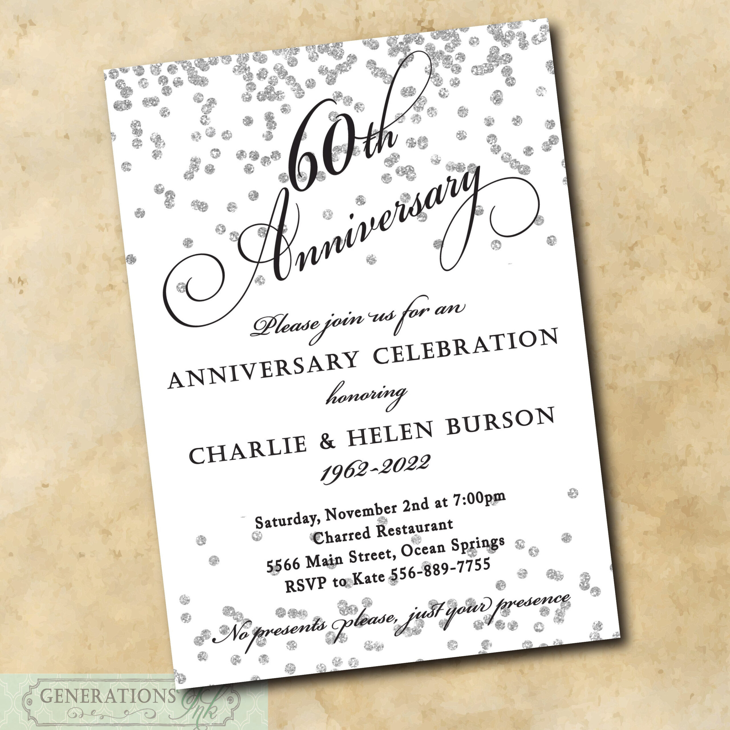 60Th Wedding Anniversary Invitation Printable/Digital File/Silver intended for Free Printable 60th Wedding Anniversary Invitations