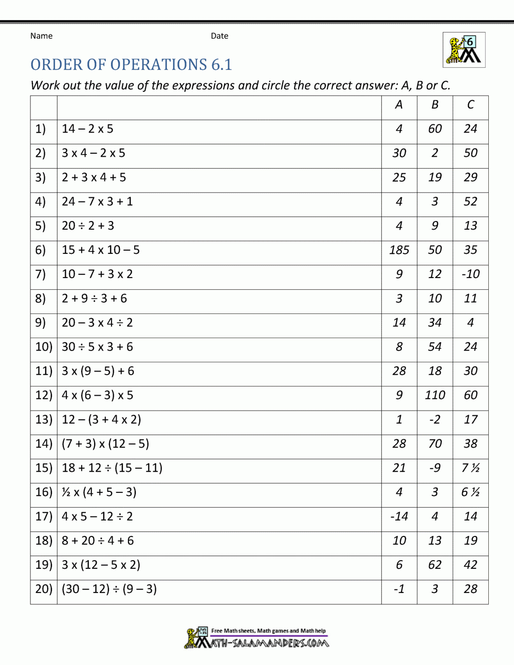 6Th Grade Order Of Operations Worksheets inside Free Printable 6Th Grade Worksheets