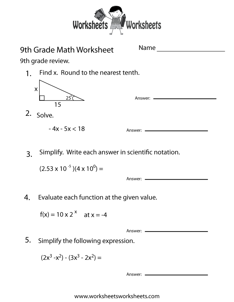 9Th Grade Math Review Worksheet | Worksheets Worksheets with 9th Grade Algebra Worksheets Free Printable