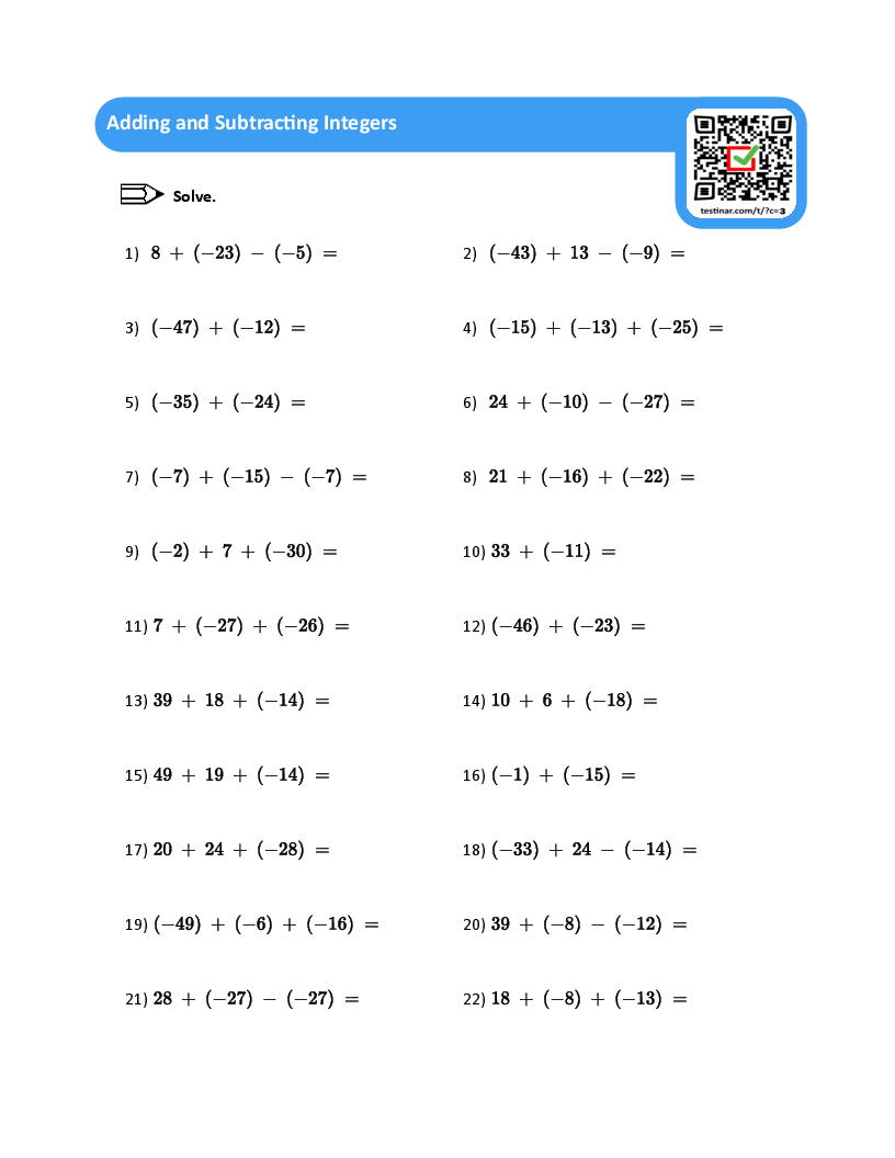 Adding And Subtracting Integers Worksheets with Free Printable Integer Worksheets Grade 7