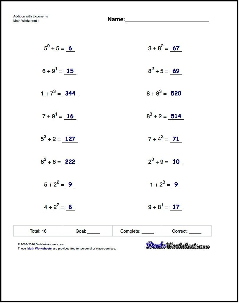 Adding Exponents Worksheets, Including Simple Problems Where regarding Free Printable Exponent Worksheets