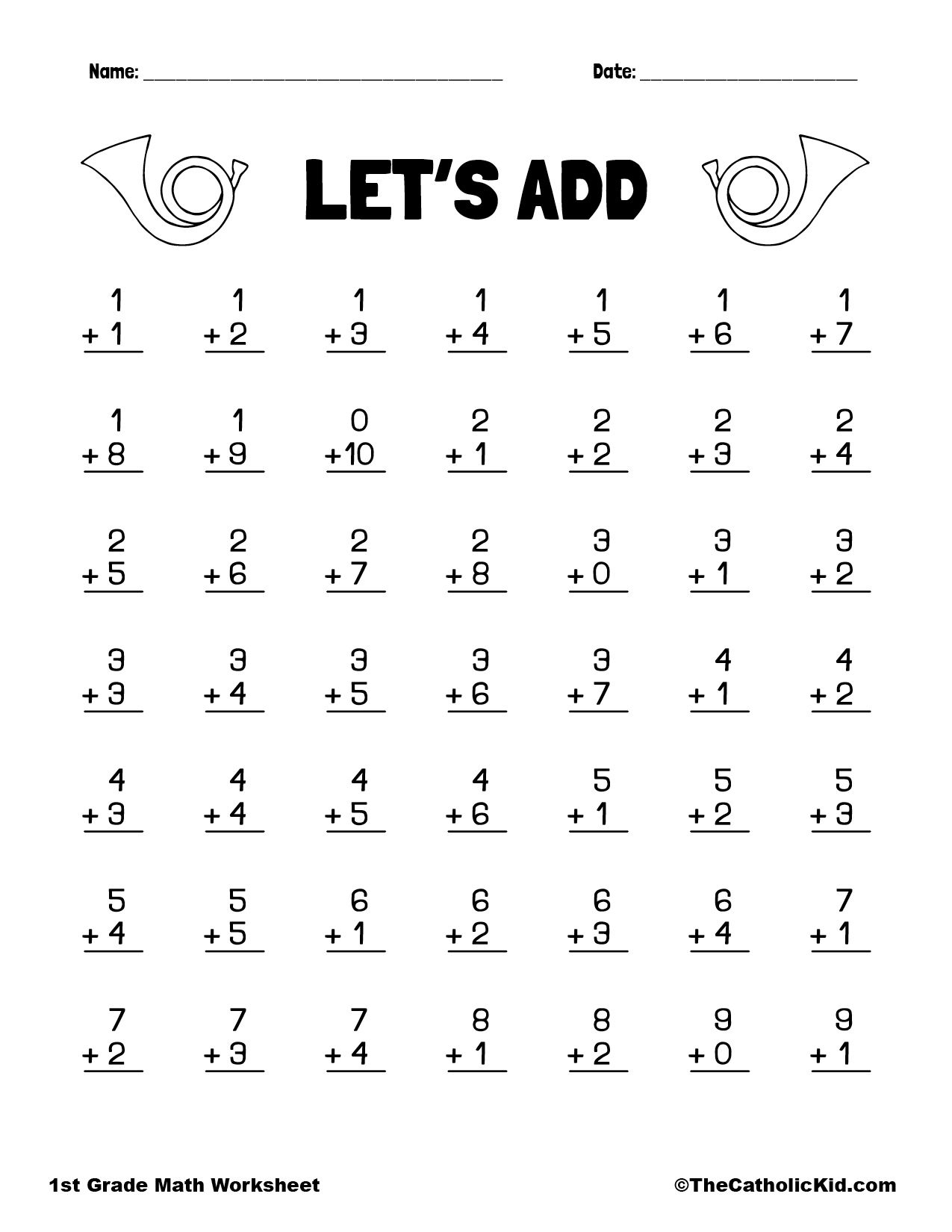 Addition Printout - 1St Grade Math Worksheet Catholic | First with regard to Free Printable Addition Worksheets For 1St Grade