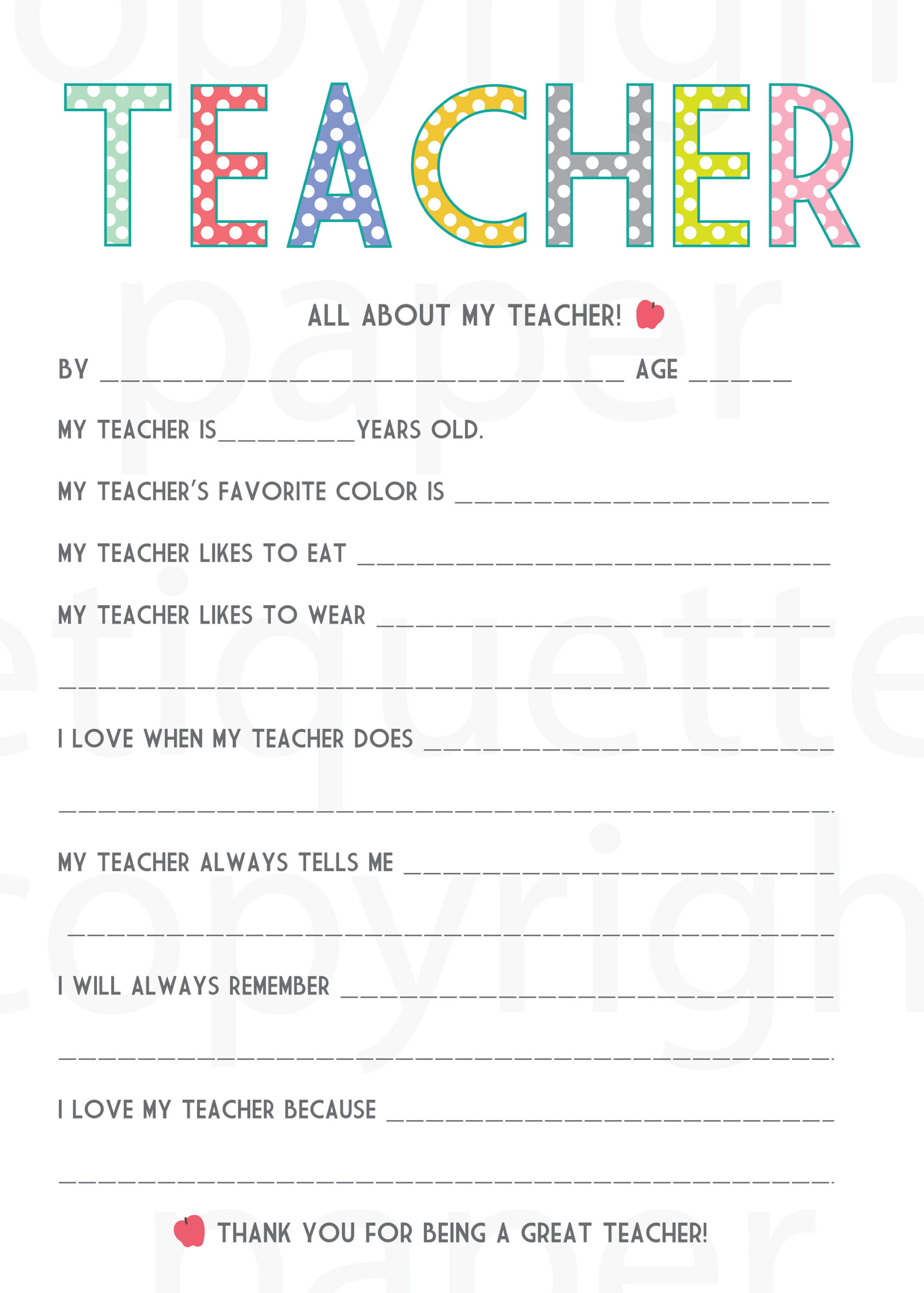 All About My Teacher Printable, Teacher Appreciation, End Of School Gift, All About My Teacher Digital, Educator Gift, Teacher Thank You pertaining to All About My Teacher Free Printable