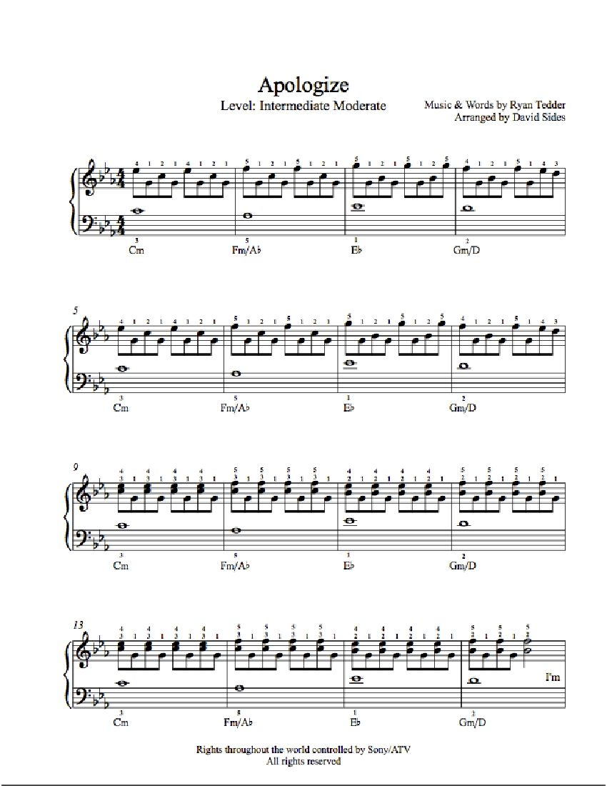 Apologizeone Republic Piano Sheet Music | Intermediate Level throughout Apologize Piano Sheet Music Free Printable