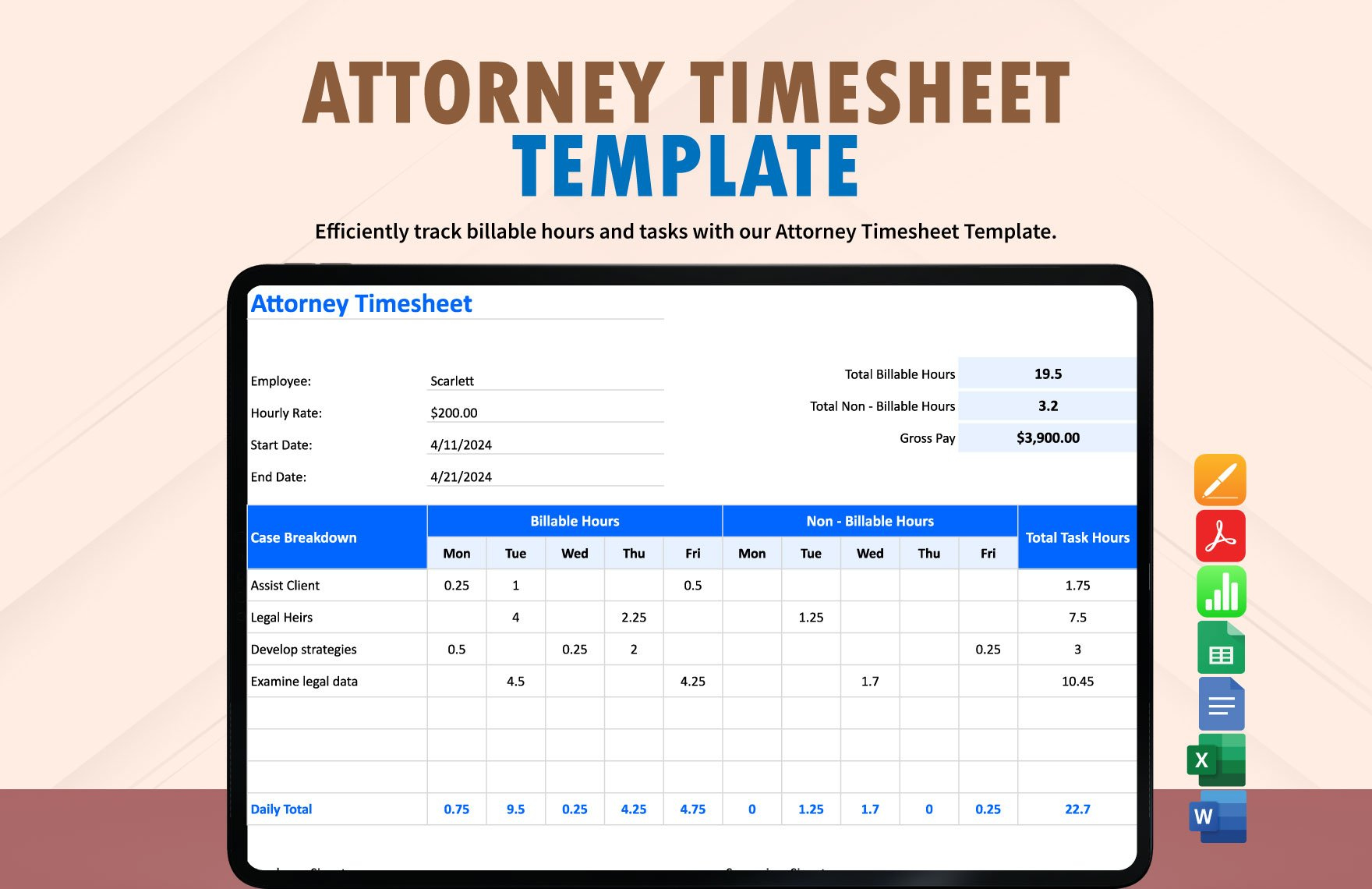 Attorney Timesheet Template In Google Sheets, Word, Apple Pages intended for Free Printable Attorney Timesheets