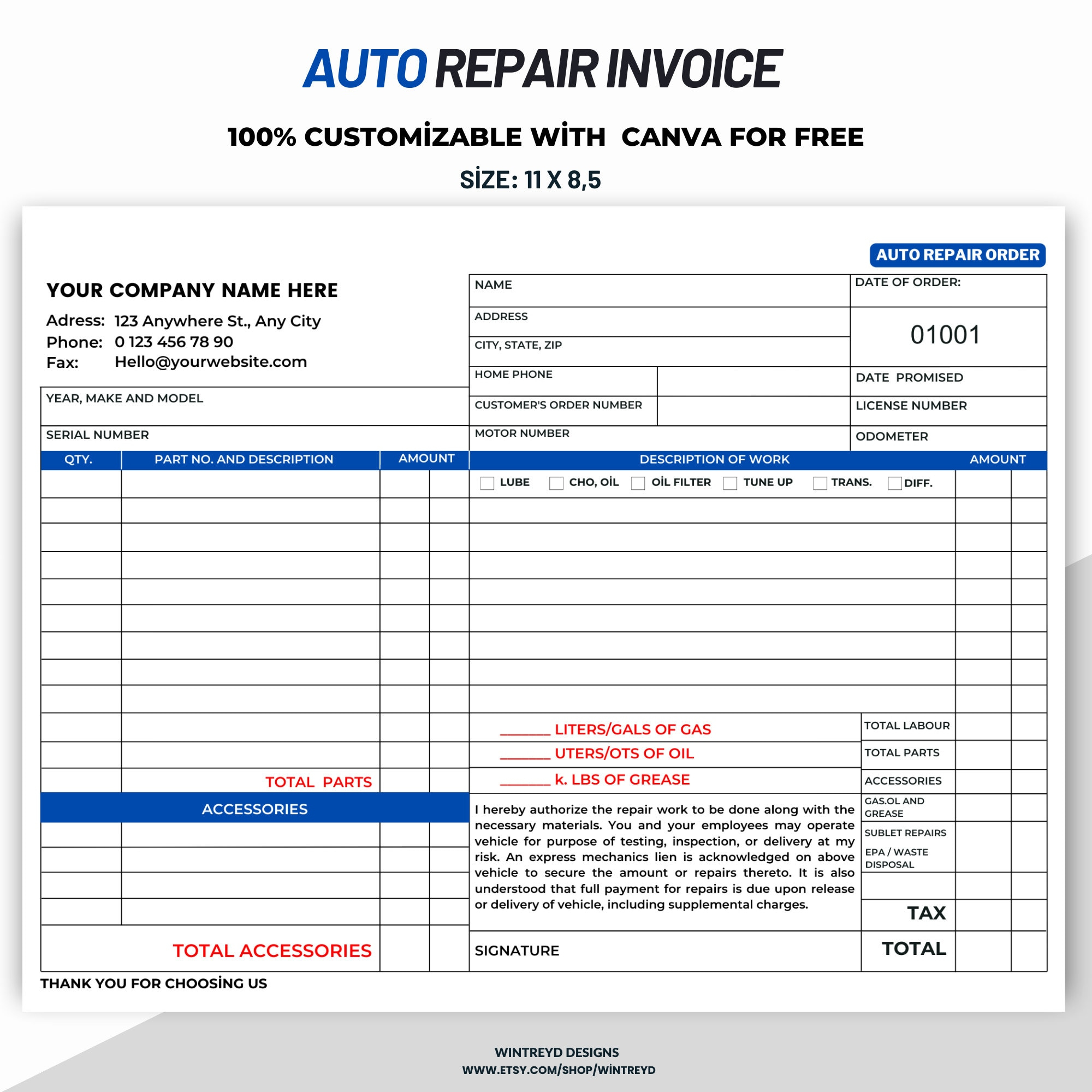 Auto Repair Invoice Template, Automotive Service Invoice Template for Free Printable Auto Repair Invoice Template