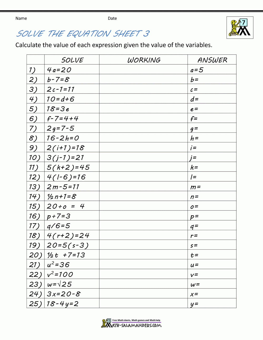 Basic Algebra Worksheets for Free Printable Algebra Worksheets Grade 6