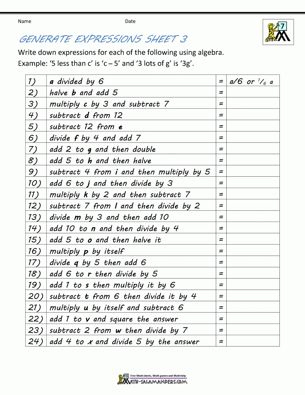 Basic Algebra Worksheets throughout Free Printable Algebra Worksheets Grade 6