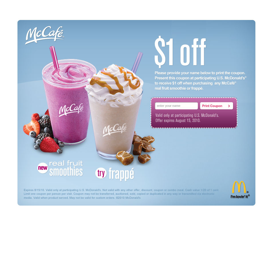 Beat The Heat! $1 Off Coupon For A Mccafe Frappe Or Smoothie regarding Free Mcdonalds Smoothie Printable Coupon