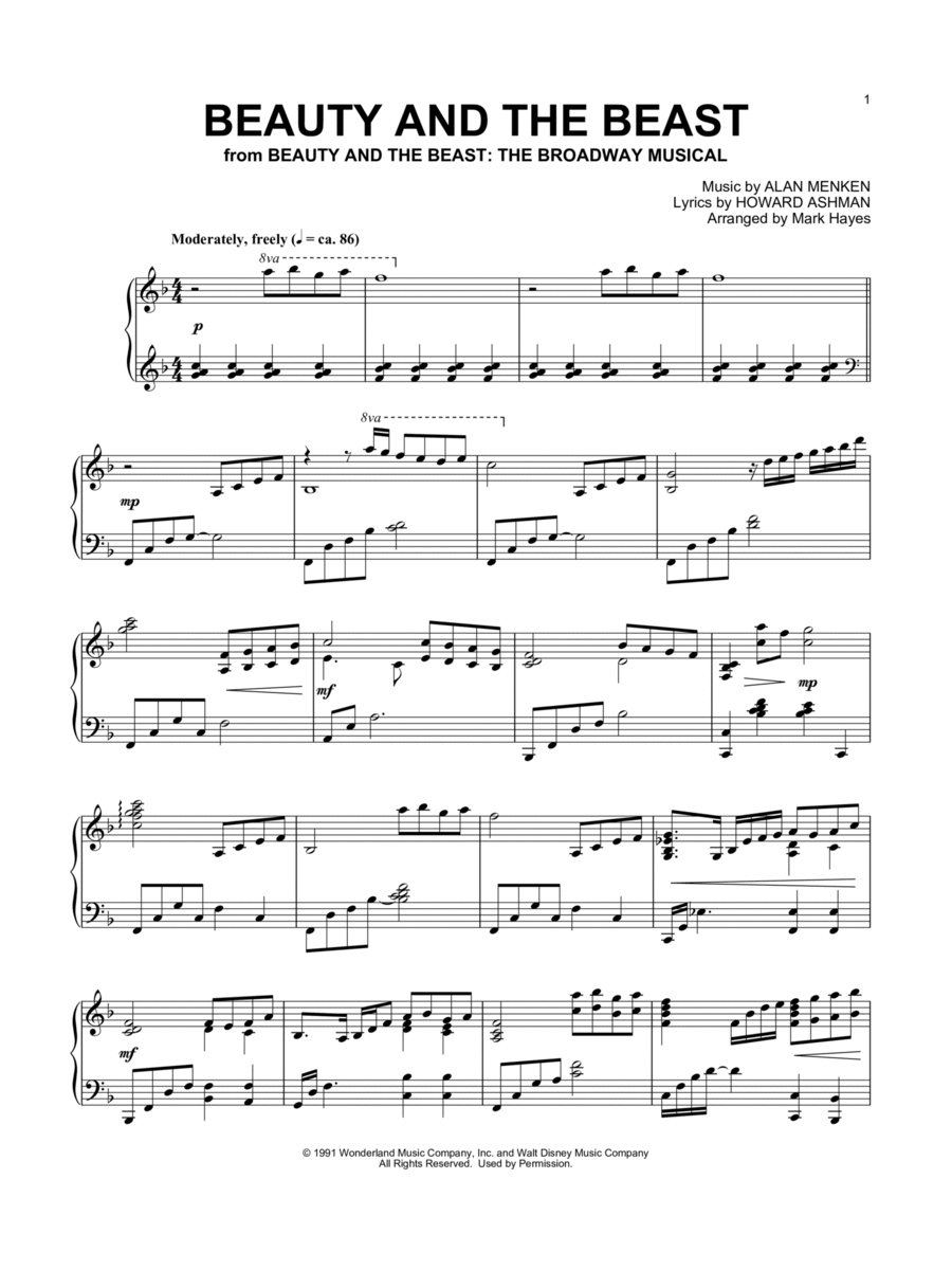 Beauty And The Beast (Arr. Mark Hayes)Mark Hayes - Piano Solo intended for Beauty and the Beast Piano Sheet Music Free Printable