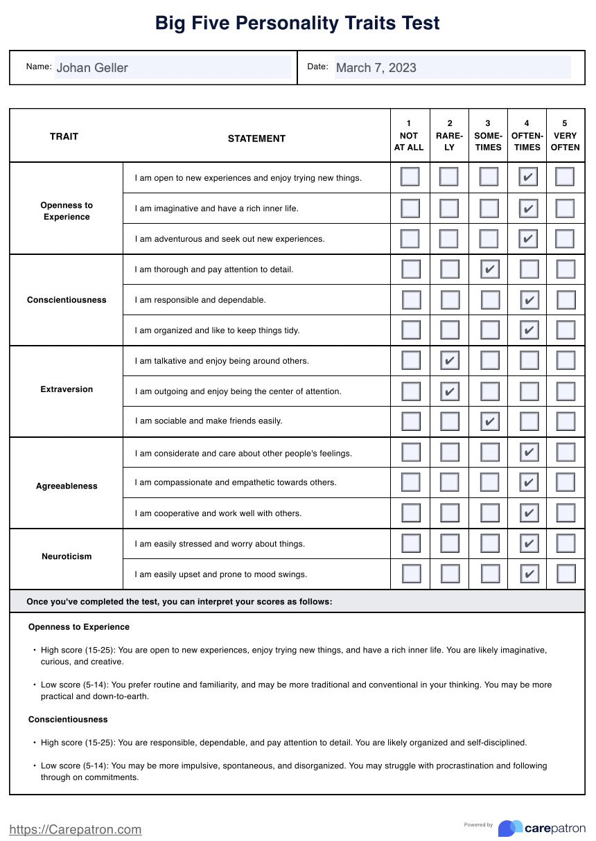 Big 5 Personality Test &amp;amp; Example | Free Pdf Download intended for Free Printable Personality Test