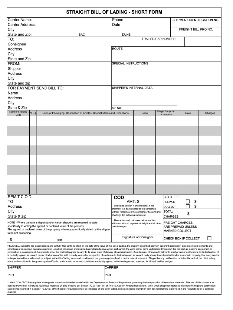 Bill Of Lading Template Excel - Fill Online, Printable, Fillable for Free Printable Straight Bill Of Lading