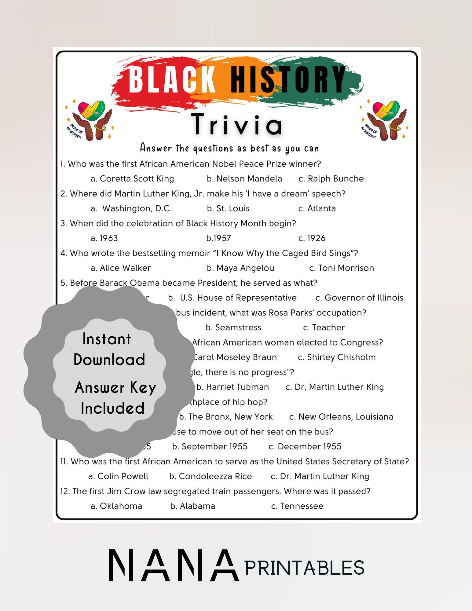 Black History Month Trivia Game, Fun Educational Game Kids, Black with Free Printable Black History Trivia Questions and Answers