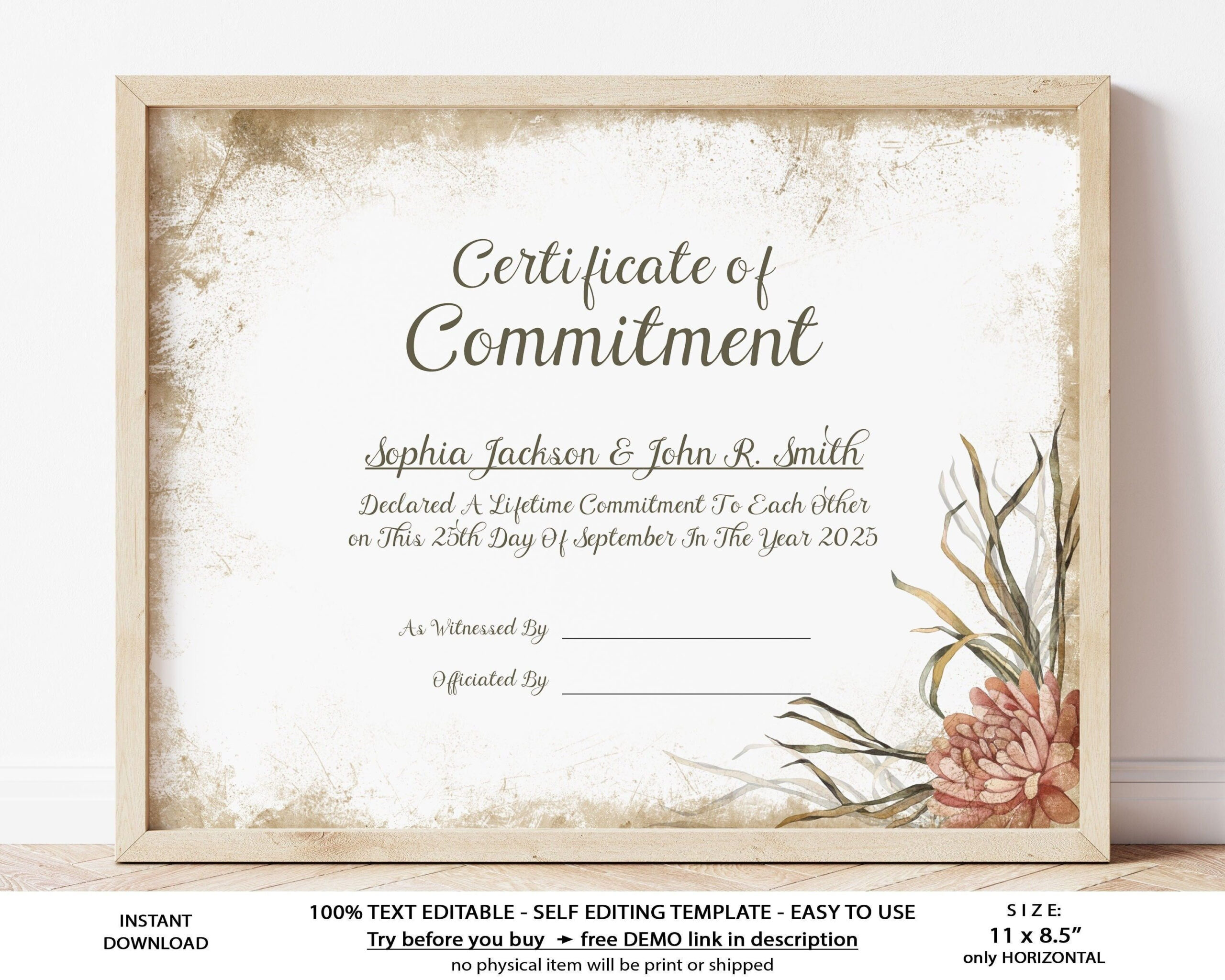 Boho Wedding Commitment Certificate Editable Template, Rustic within Commitment Certificate Free Printable