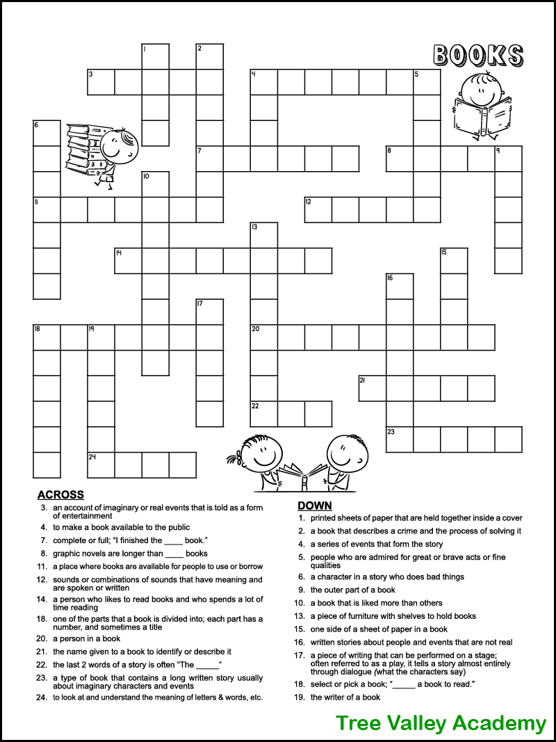 Book Themed Crossword Puzzle For Kids - Tree Valley Academy within Free Printable Themed Crossword Puzzles