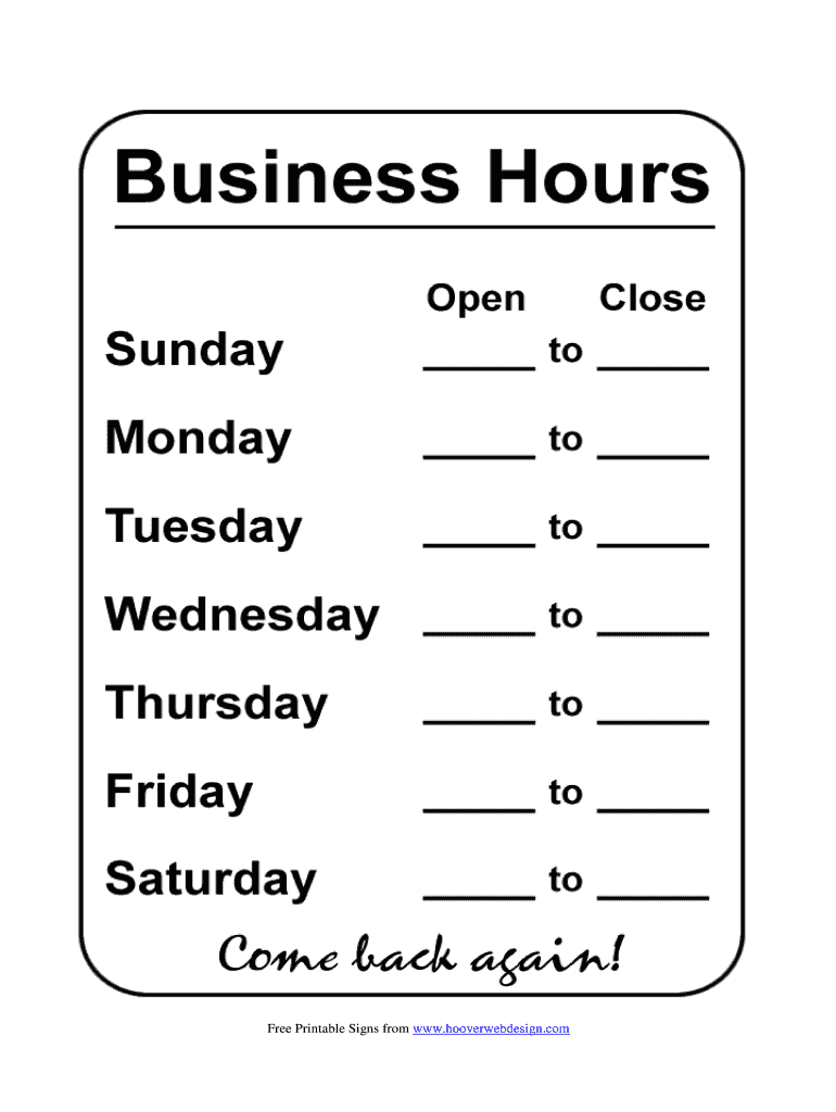 Business Hours Template - Fill Online, Printable, Fillable, Blank in Free Printable Business Hours Sign