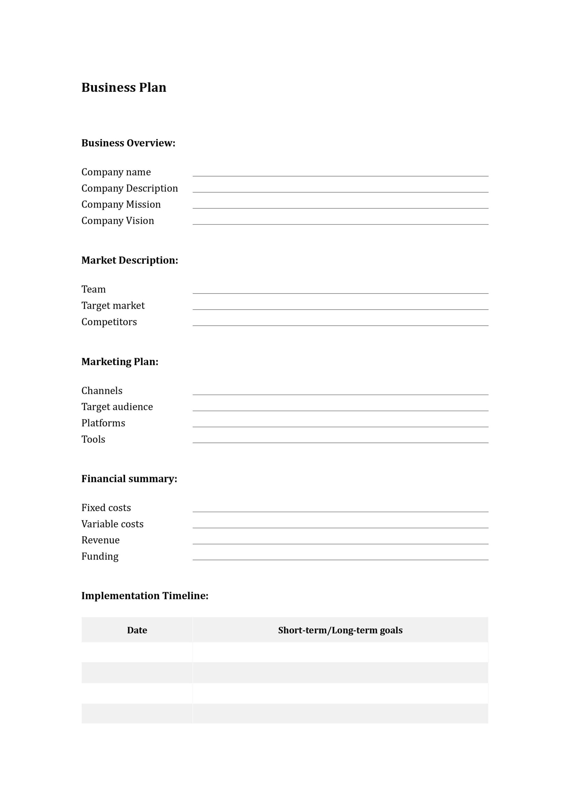 Business Plan Template inside Free Printable Business Templates