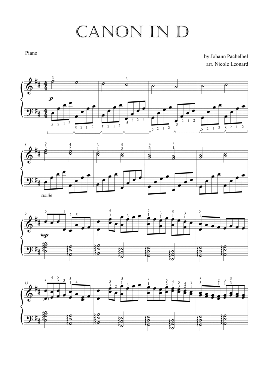 Canon In D - Pachelbel (Intermediate Piano) (Arr. Nicole Leonard throughout Canon in D Piano Sheet Music Free Printable