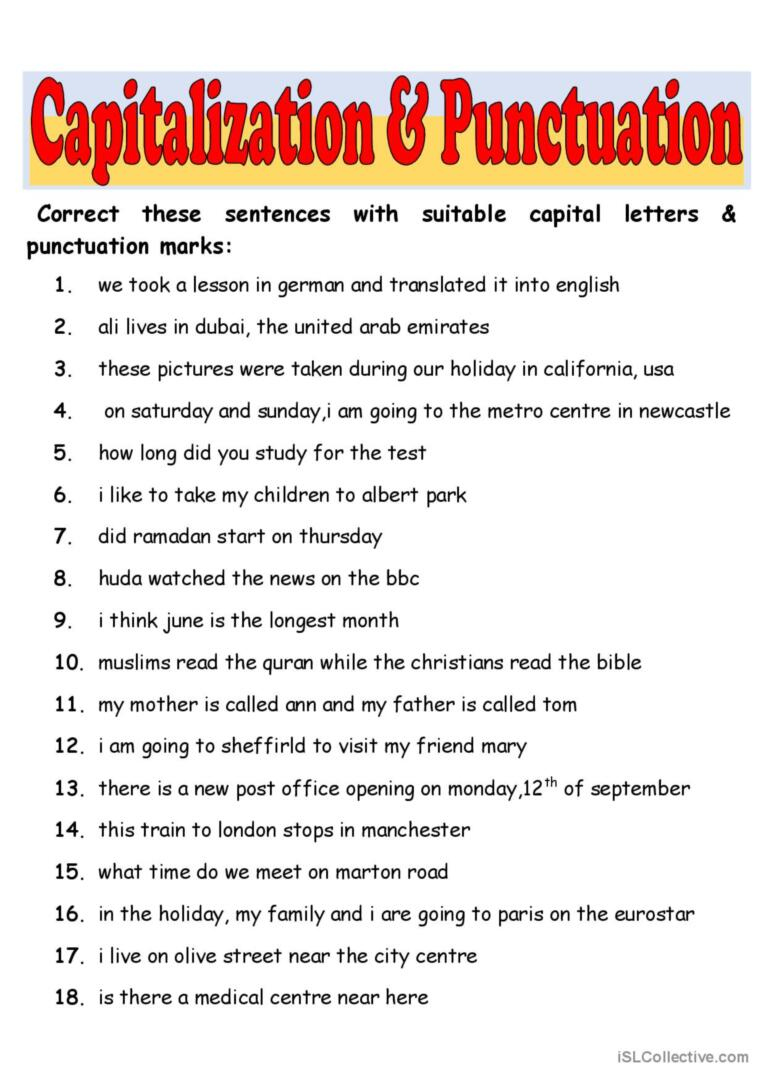 Capitalization &amp; Punctuation: English Esl Worksheets Pdf &amp; Doc with Free Printable Worksheets For Punctuation And Capitalization