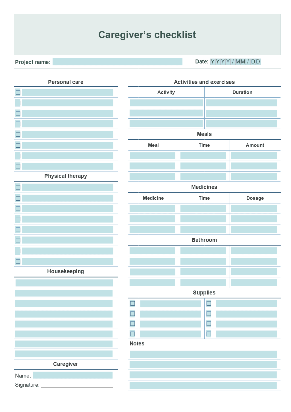 Caregiver Daily Checklist Template inside Free Printable Caregiver Forms